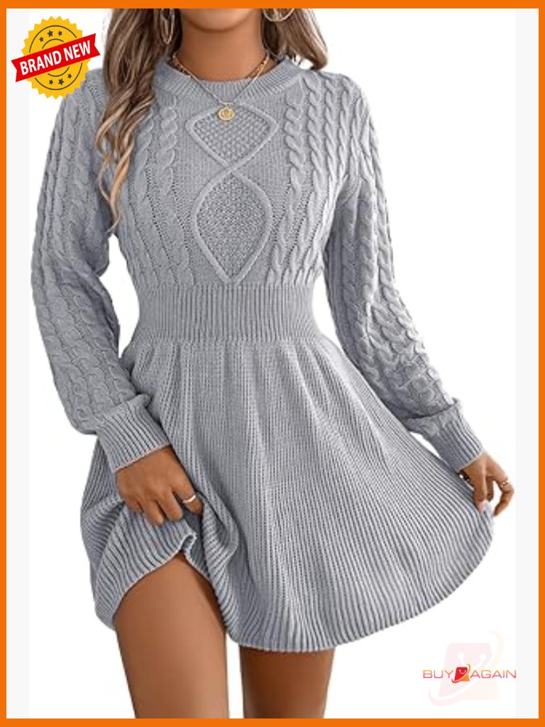 Short Sweater Dress - Cinched Waist Long Sleeve Cable Knit Fall Winter Outfit